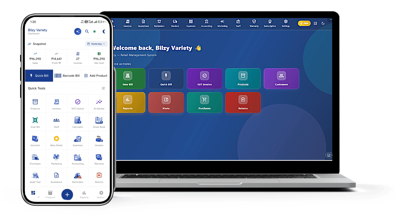 Bilzy billing app on a Windows laptop and an Android phone